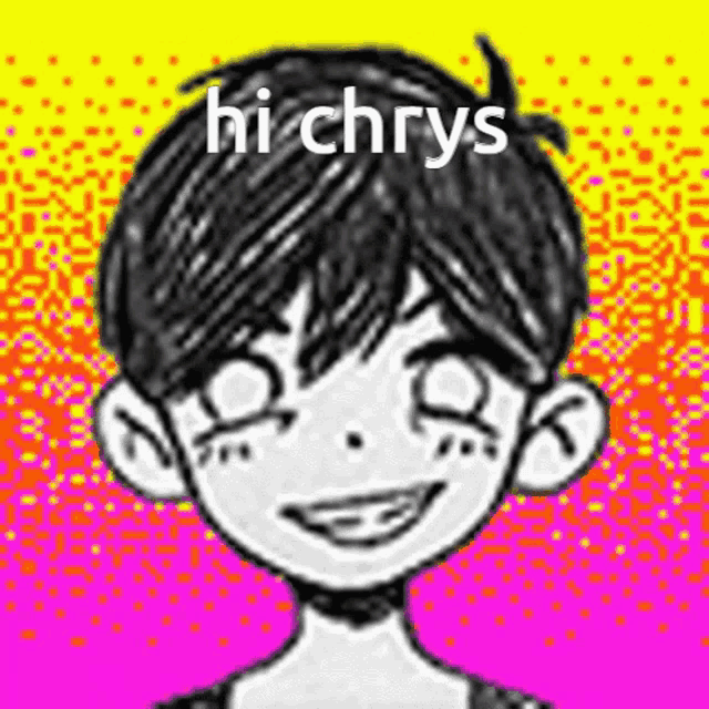 a black and white drawing of a boy with a rainbow background and the words `` hi chrys '' .