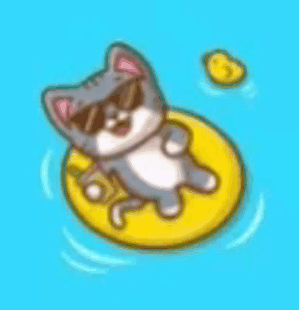 a cartoon cat wearing sunglasses is floating on a yellow float in the water .