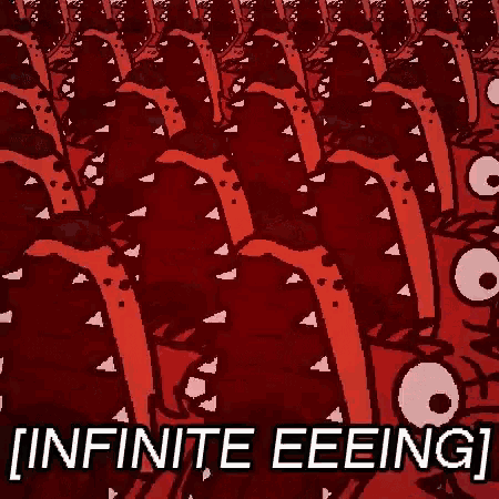 a bunch of red monsters are standing next to each other and the words infinite eeeing