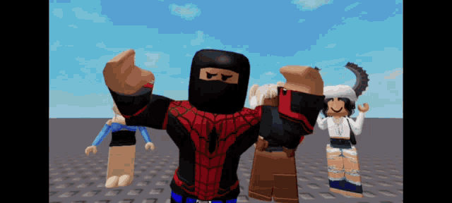 a group of roblox characters are posing for a picture with one wearing a spiderman costume