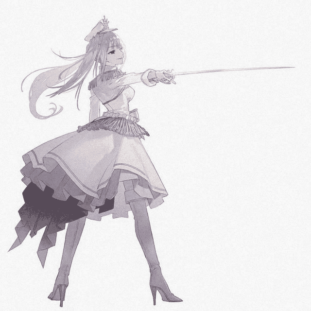 a girl in a white dress holds a sword