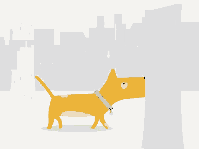 a yellow dog with a blue collar is sniffing a tree in a park