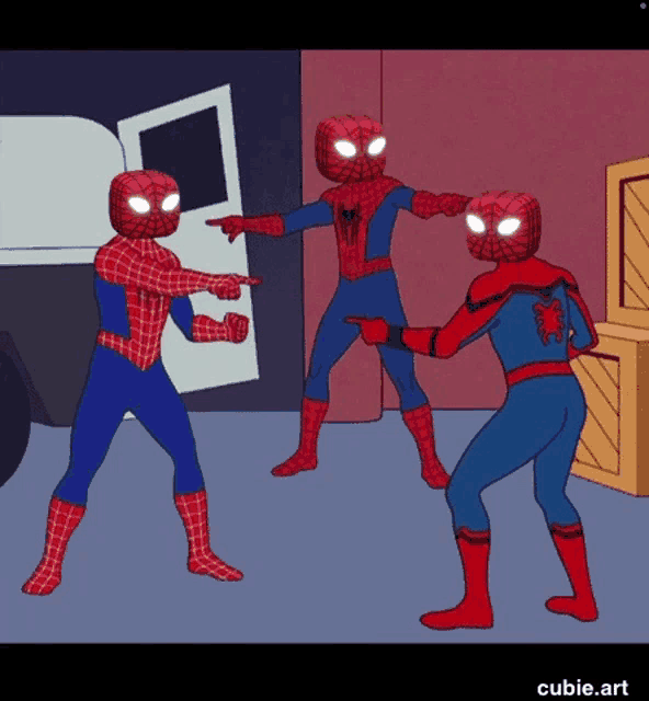 three spider-man are pointing at each other in a cartoon scene