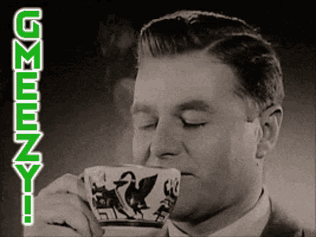 a black and white photo of a man drinking from a cup with the word gemini in green letters