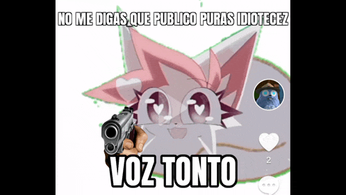 a person is pointing a gun at a cat with the words voz tonto written below it