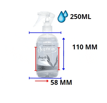 a 250ml bottle of saphirus is shown with measurements on it