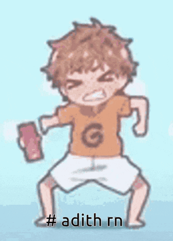 a cartoon of a boy with a g on his shirt and shorts is holding a cell phone .