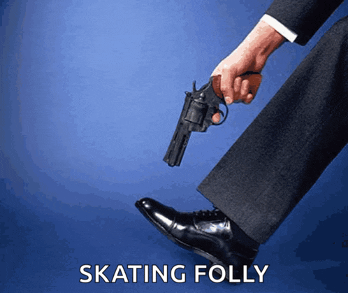 a man in a suit is holding a gun with the words skating folly underneath him