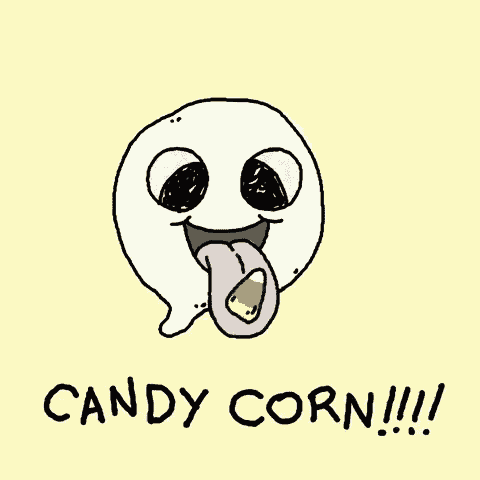 a cartoon drawing of a ghost sticking its tongue out and saying candy corn