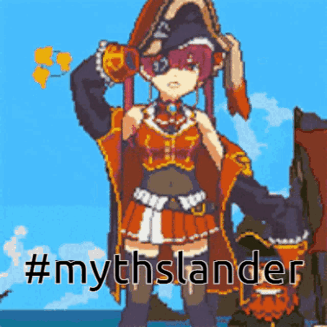a pixel art of a pirate girl with the words #mythslander written below her
