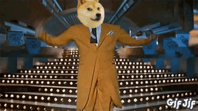 a doge wearing a suit and tie is dancing on a stage .