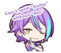 a cartoon of a girl with purple hair and blue streaks is holding a knife .