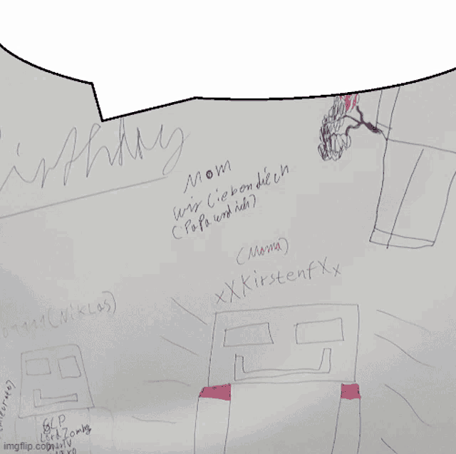 a child 's drawing on a piece of paper that says " mom " on it