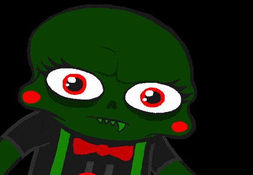 a cartoon drawing of a green monster with red eyes and suspenders