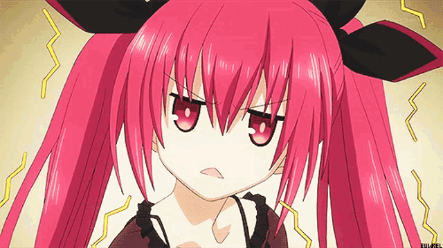 a close up of a girl with pink hair and a bow in her hair