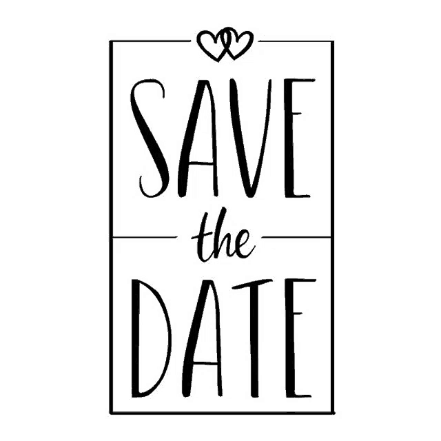 a black and white sign that says save the date with two hearts .