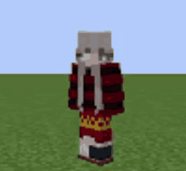 a minecraft character is standing in a field wearing a red and black striped shirt .