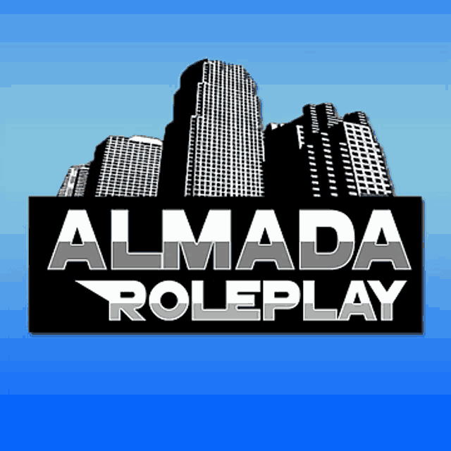 a black and white logo for almada roleplay with a city skyline in the background