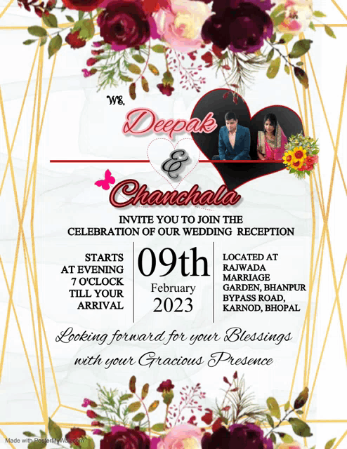 a wedding invitation for deepak and chanchala is shown