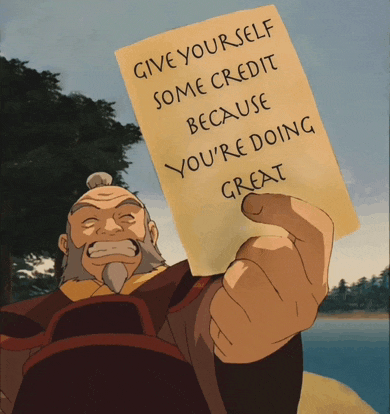 a man is holding up a piece of paper that says give yourself some credit because you 're doing great