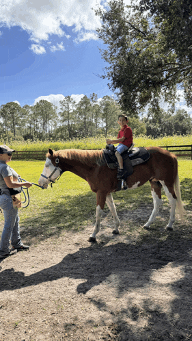 a boy is riding a brown and white horse