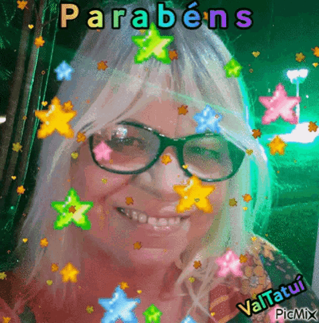a woman wearing glasses and a wig is surrounded by stars and the word parabéns