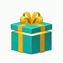 a blue gift box with a yellow ribbon and bow