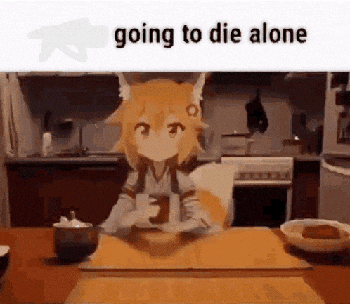 a fox girl is sitting at a table in a kitchen holding a cup of coffee and a bowl of food .