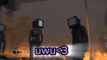 a group of people with televisions on their heads standing next to each other with the words uwu < 3 above them .