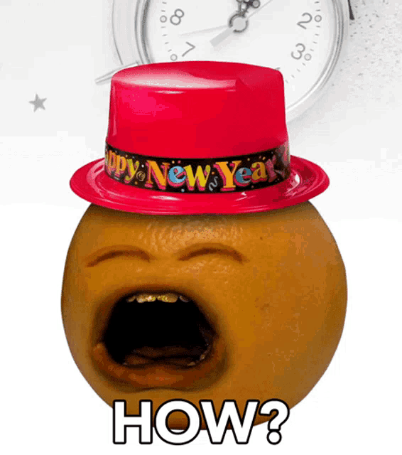 an orange wearing a red hat with the words happy new year written on it
