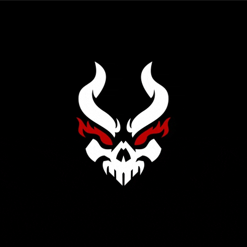 a white skull with red horns and red eyes on a black background