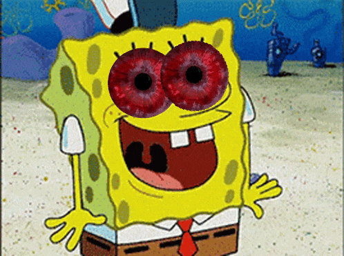 a cartoon of spongebob with red eyes on his face