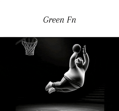 a black and white photo of a fat man playing basketball with the words green fn on the bottom