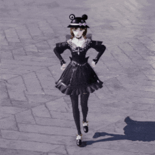 a girl in a black dress and hat is standing on a brick pavement