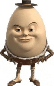 a cartoon egg wearing a hat and pants is standing with his hands on his hips .