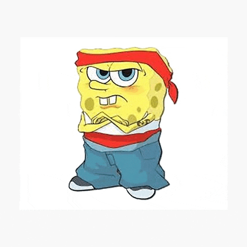 a cartoon of spongebob wearing a red bandana and blue pants .