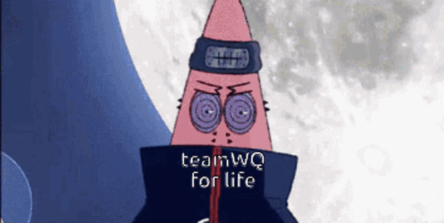 patrick star from spongebob is wearing a black jacket and a headband with the words teamwq for life written on it