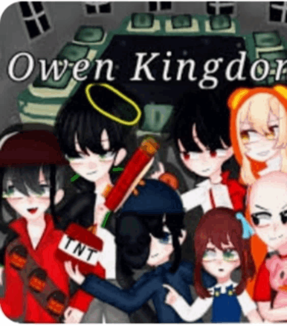 a group of anime characters standing next to each other with the words owen kingdom written above them