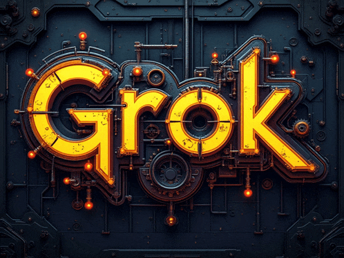 a sign that says grok is surrounded by pipes and gears