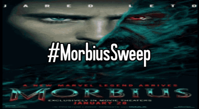 a poster for the movie morbius shows a man with a beard