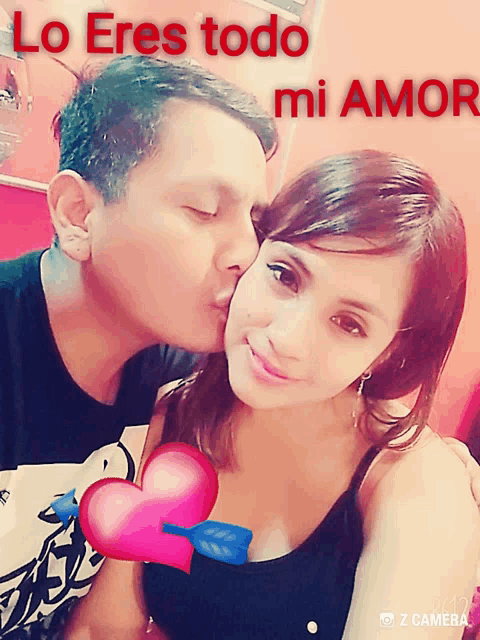 a man kissing a woman on the cheek with the words lo eres todo mi amor written above them