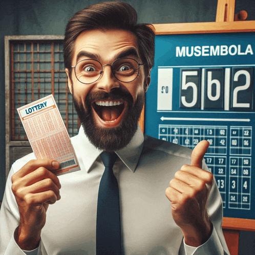 a man is holding a lottery ticket and giving a thumbs up in front of a board that says musembola