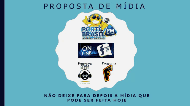 an advertisement for porto brasil fm on line and programa clube on a blue background