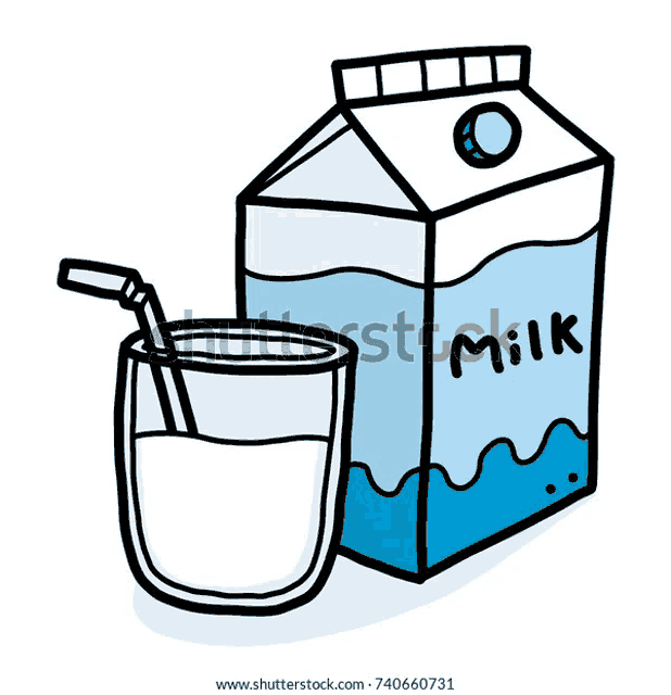 a cartoon drawing of a carton of milk and a glass of milk with a straw .