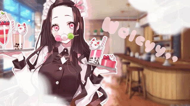 a girl in a maid outfit is holding a tray of food and the word wolegy is floating above her