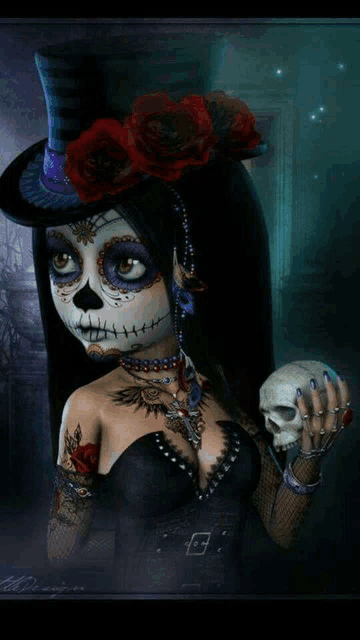 a woman with sugar skull makeup is holding a skull in her hand