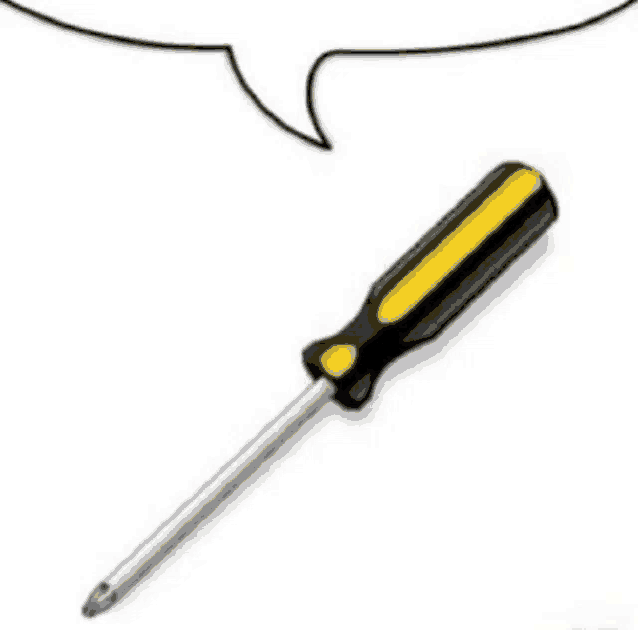 a black and yellow screwdriver with a speech bubble behind it .