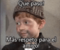 a young boy wearing a hat and a suit with the words `` que paso ! ''