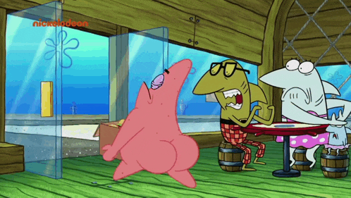 a cartoon scene from nickelodeon shows patrick star and other characters