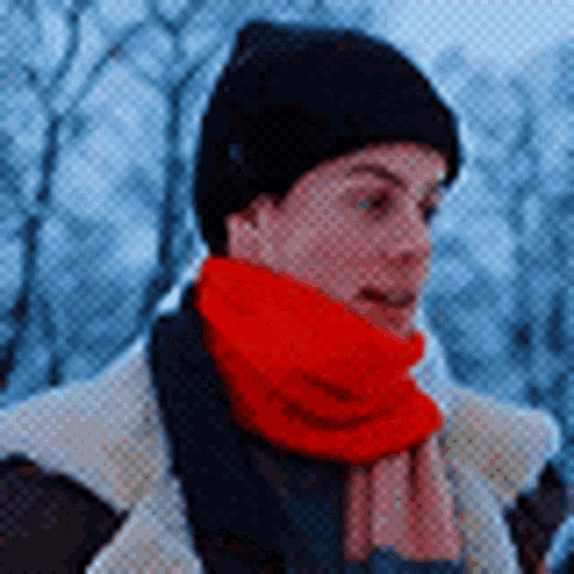 a man wearing a black hat and a red scarf in the snow .
